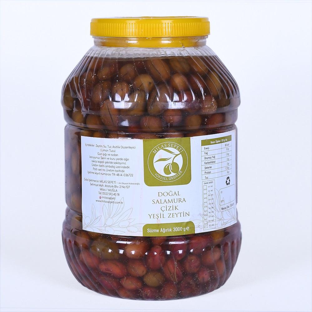 MİLAS YÖRESİ DOĞAL SALAMURA ÇİZİK YEŞİL ZEYTİN 3KG