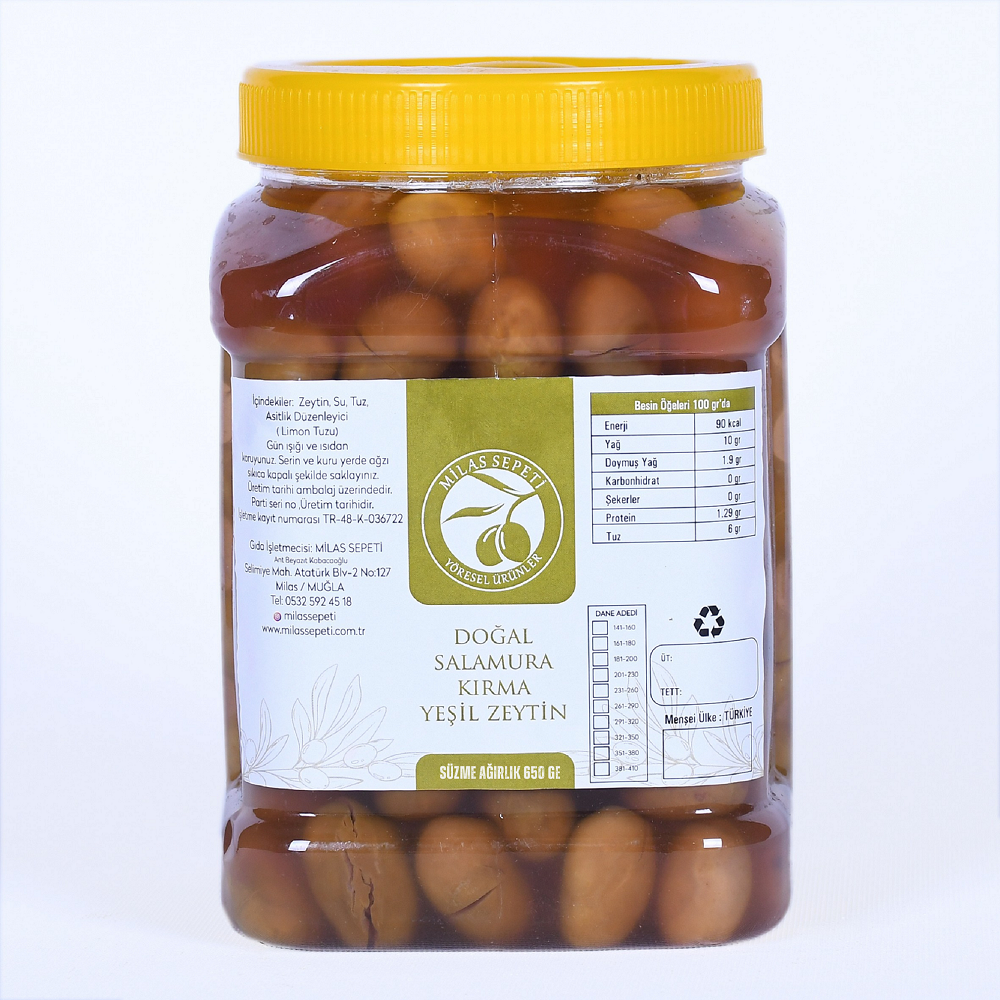 MİLAS YÖRESİ DOĞAL SALAMURA KIRMA YEŞİL ZEYTİN 650 GR